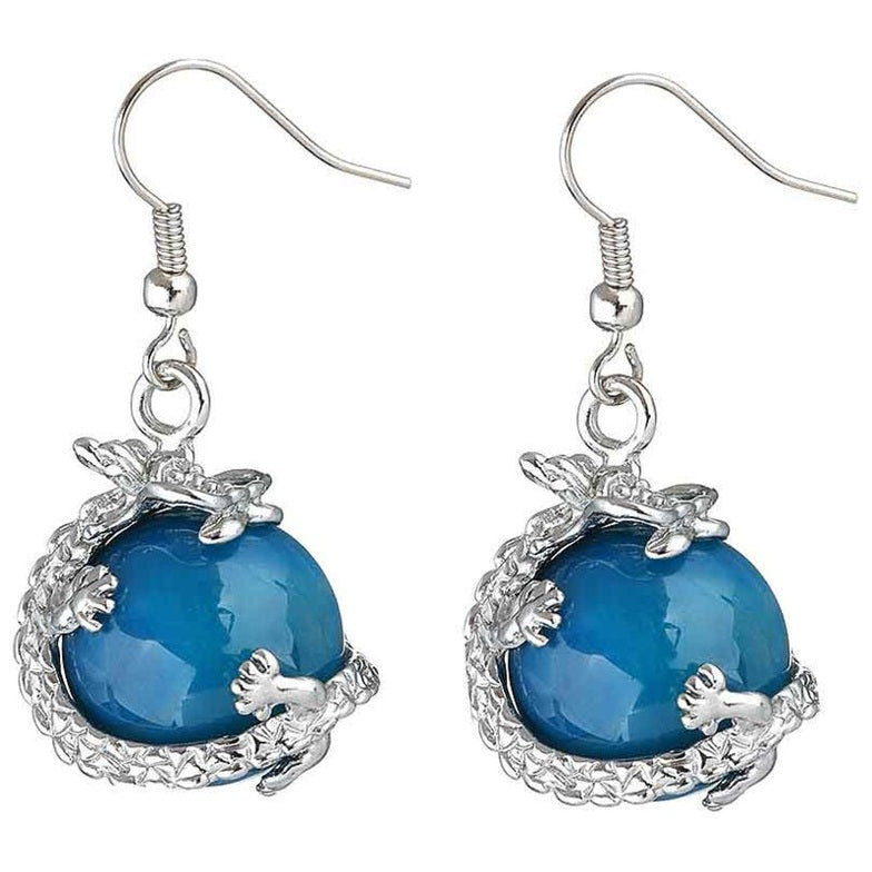 Edelstenen oorbellen met blauwe agaat, zilveren draak en sterling zilver (925) | Sapphire Agate Dragon