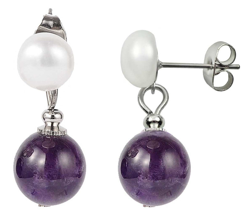 Zoetwater parel oorbellen met witte parel en amethist voor en zijaanzicht | Pearl Stud Amethyst