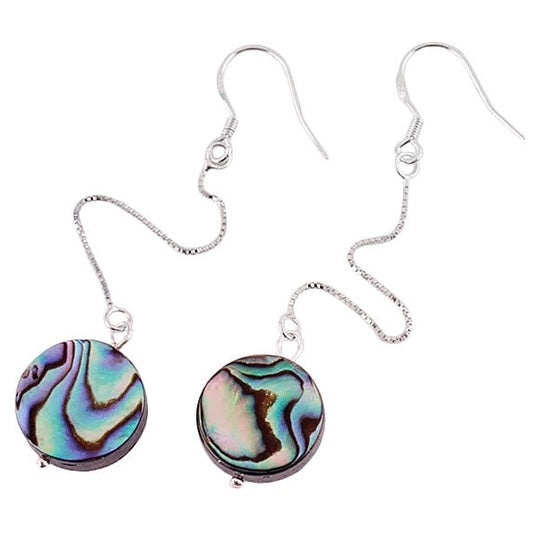 Lange parelmoeren oorbellen met ronde abaloon en sterling zilver 925 liggend | Long Dangling Abalone