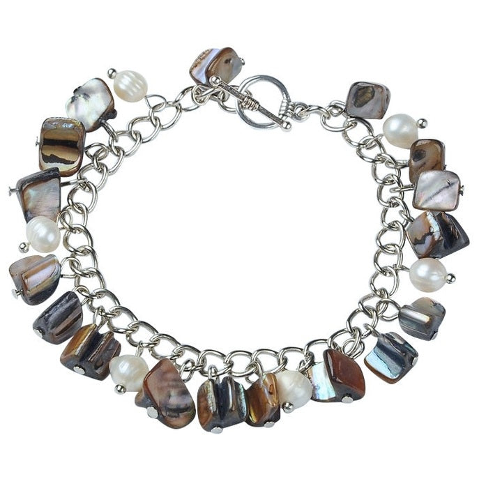 Zoetwater parel bedel armband met witte parels en grijs parelmoer | Pearl Grey Shell Chip
