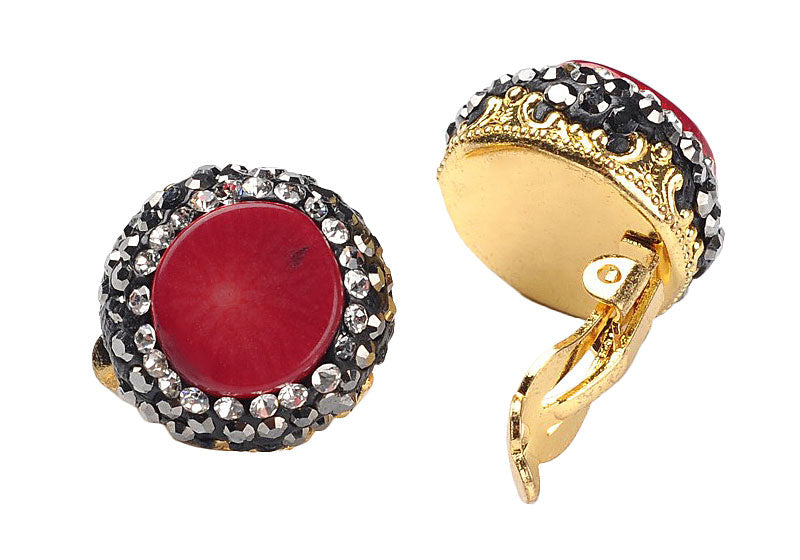 Koralen clips oorbellen met rood koraal en stras steentjes | Bright Coral Clips