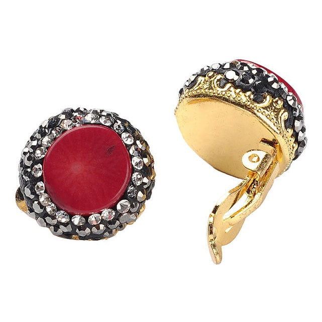 Koralen clips oorbellen met rood koraal en stras steentjes | Bright Coral Clips