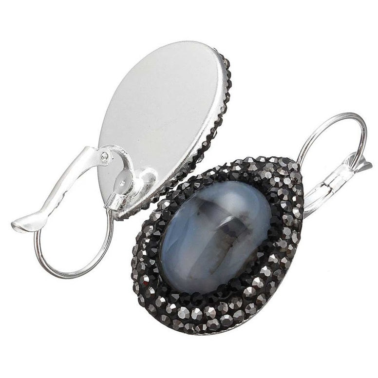 Grijze edelstenen oorbellen met agaat in druppel vorm en stras steentjes voor en achterzijde | Bright Grey Agate Teardrop