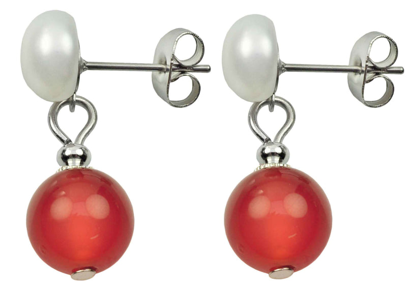 Zoetwater parel oorbellen met witte parel en rode agaat zijaanzicht| Pearl Stud Red Agate