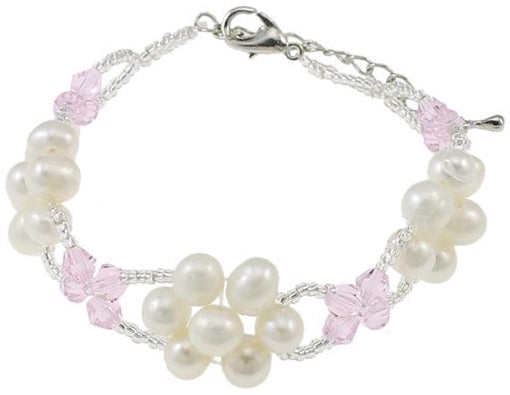 Wit zoetwater parel armband in bloem vorm met roze facet geslepen kristallen | Pearl Flower Pink Crystal