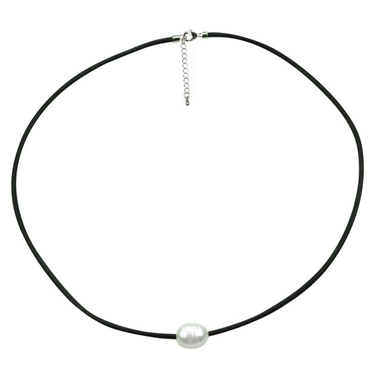 Wit zoetwater parelketting met zwart leer en zilver edelstaal | Black Leather Pearl White