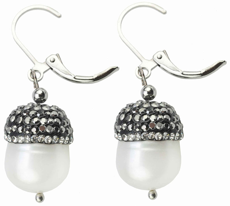 Zoetwater parel oorbellen met witte parel, stras steentjes en sterling zilver 925, zijaanzicht | Bling Pearl Big Nuts