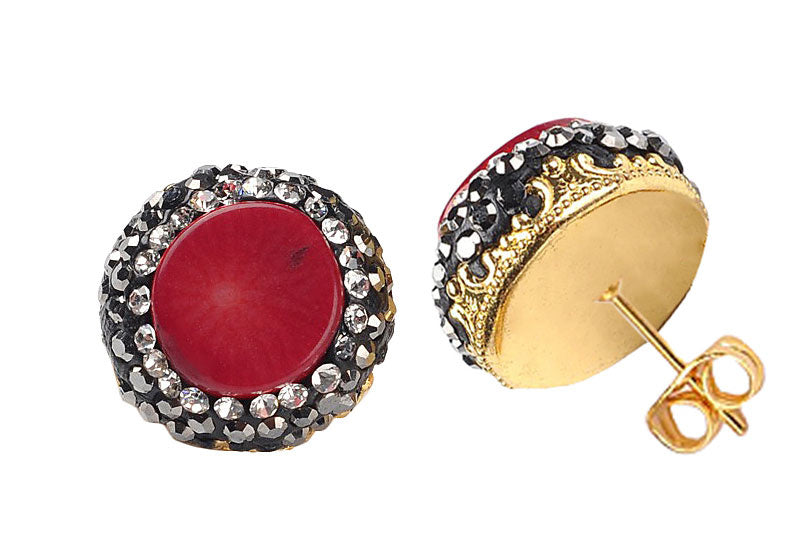 Koralen oorknoppen met rood koraal en stras steentjes | Bright Coral Stud