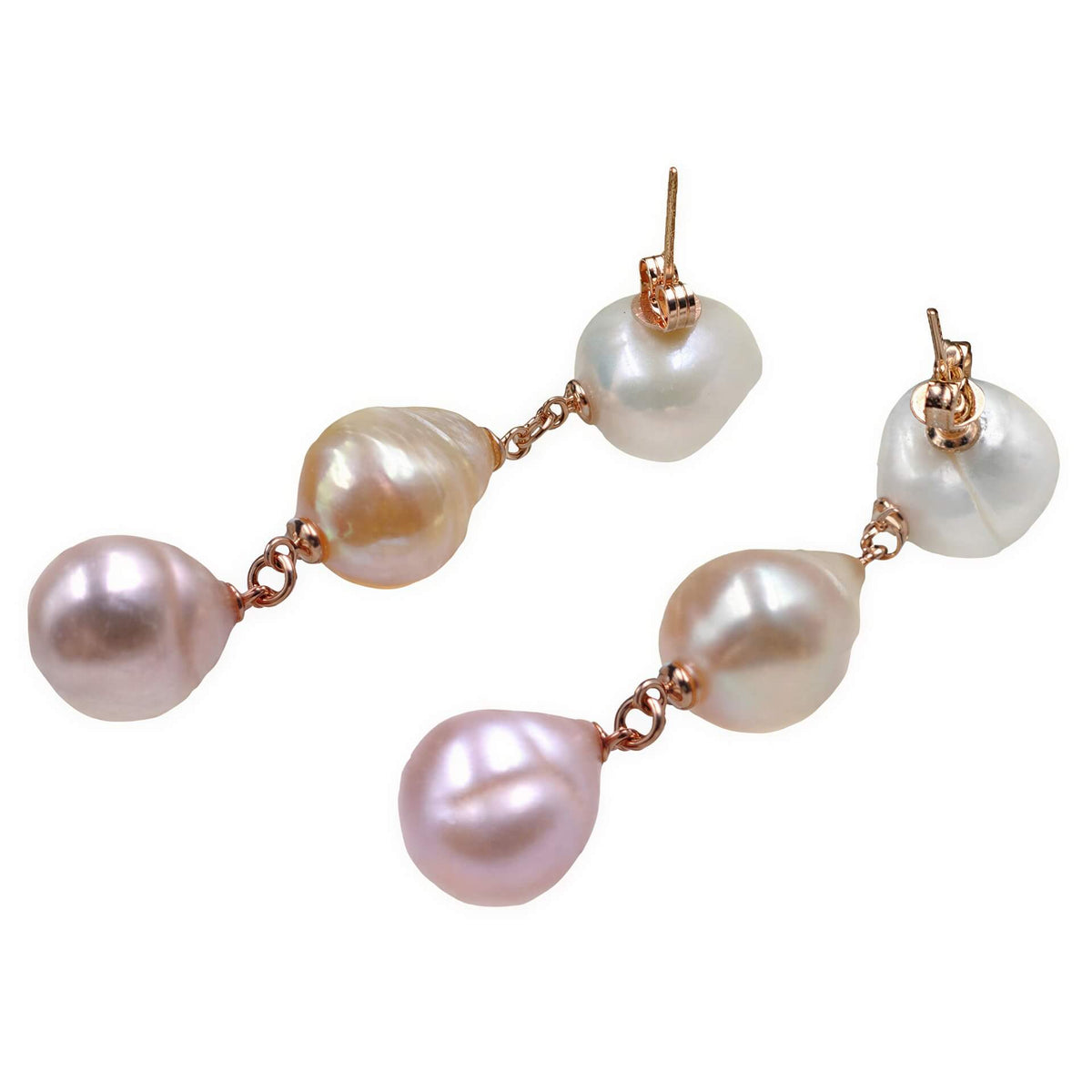 Lange zoetwater parel oorbellen met witte, zalm en roze barok parels en rosé goud achterzijde| 3 Baroque Soft Pearls