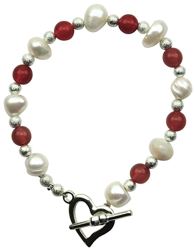 Wit zoetwater parel armband met rode agaat en hartjes slotje | Pearl Heart Red Agate