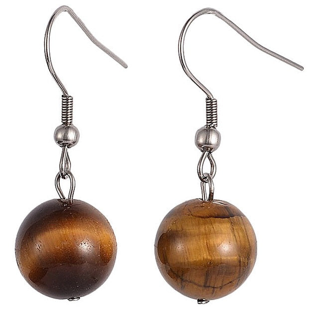 Bruine edelstenen oorbellen met tijgeroog en zilver edelstaal | Dangling Tiger Ball