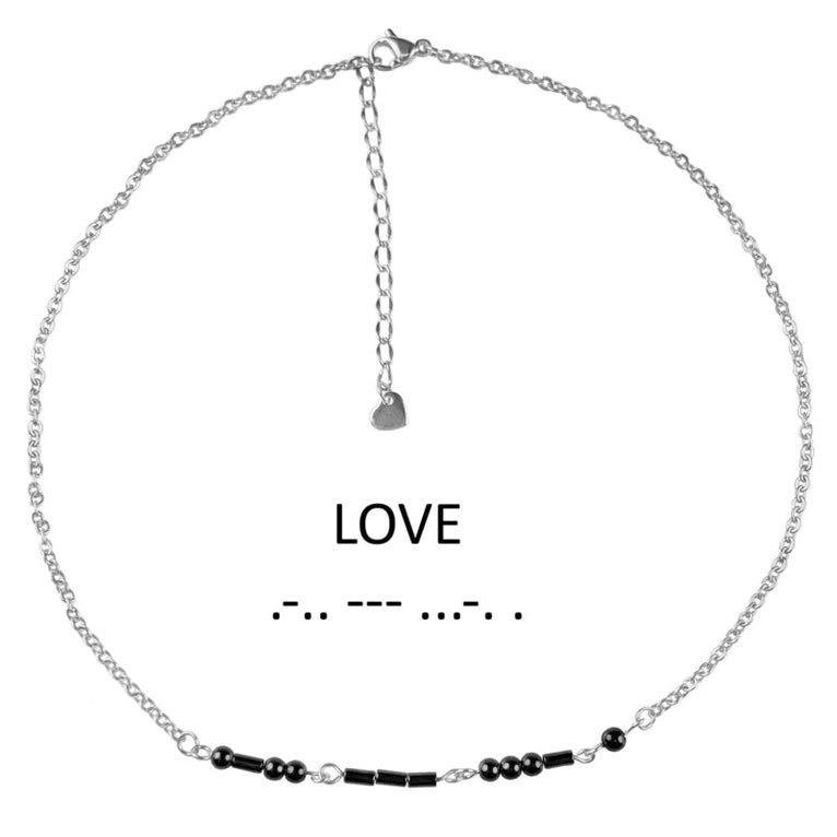 Zwarte edelstenen ketting met zilver edelstaal en hematiet stenen die het woord LOVE in morse code weer geeft | Morse Code Love Black Hematite Silver