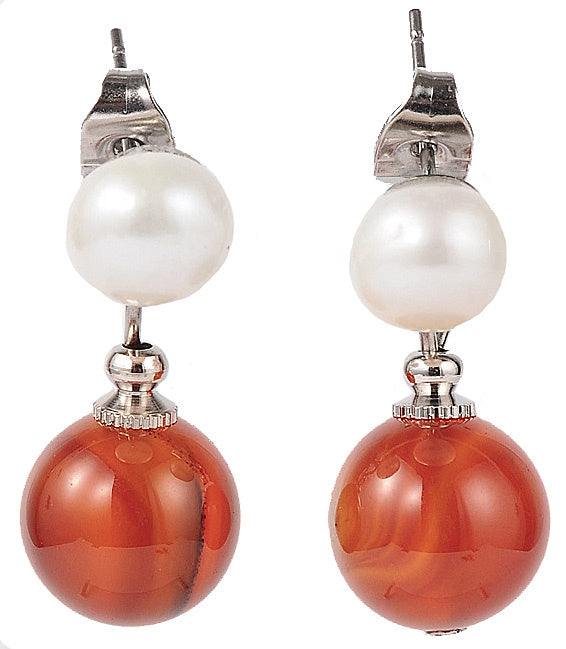 Zoetwater parel oorbellen met witte parel en rode agaat | Pearl Stud Red Agate