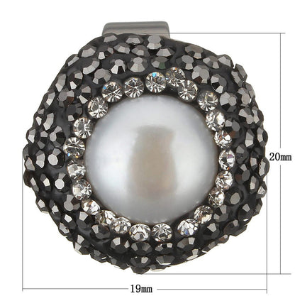Witte zoetwater parel ring met zwarte stras steentjes, maataanduiding, bovenaanzicht van parel ring | Bright Pearl Big