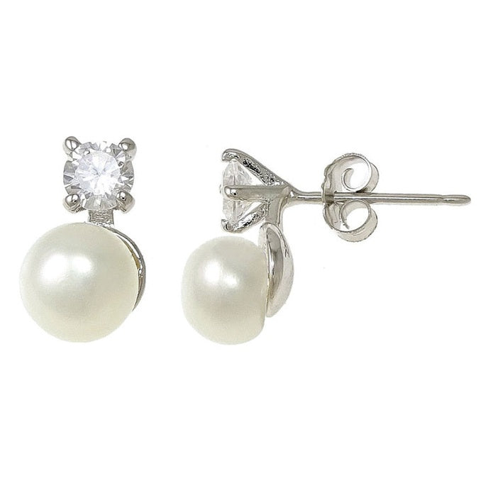 Witte zoetwater parel oorbellen met parel en stras steentje, voor- en zijaanzicht, witte parel oorknopjes met stras steentjes | Bling Ann W