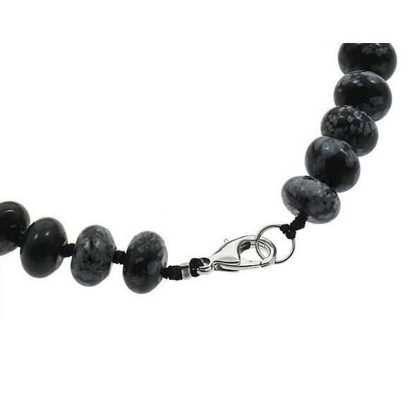 Slotje van zwart grijze handgeknoopte edelstenen ketting met obsidiaan sneeuwvlok en sterling zilver (925) | Snowflake Obsidiaan Rondelle