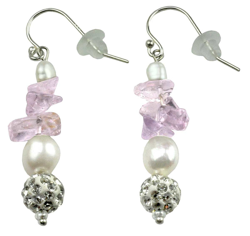 Witte zoetwater parel oorbellen met amethist, stras bal en sterling zilver (925) | Amanda