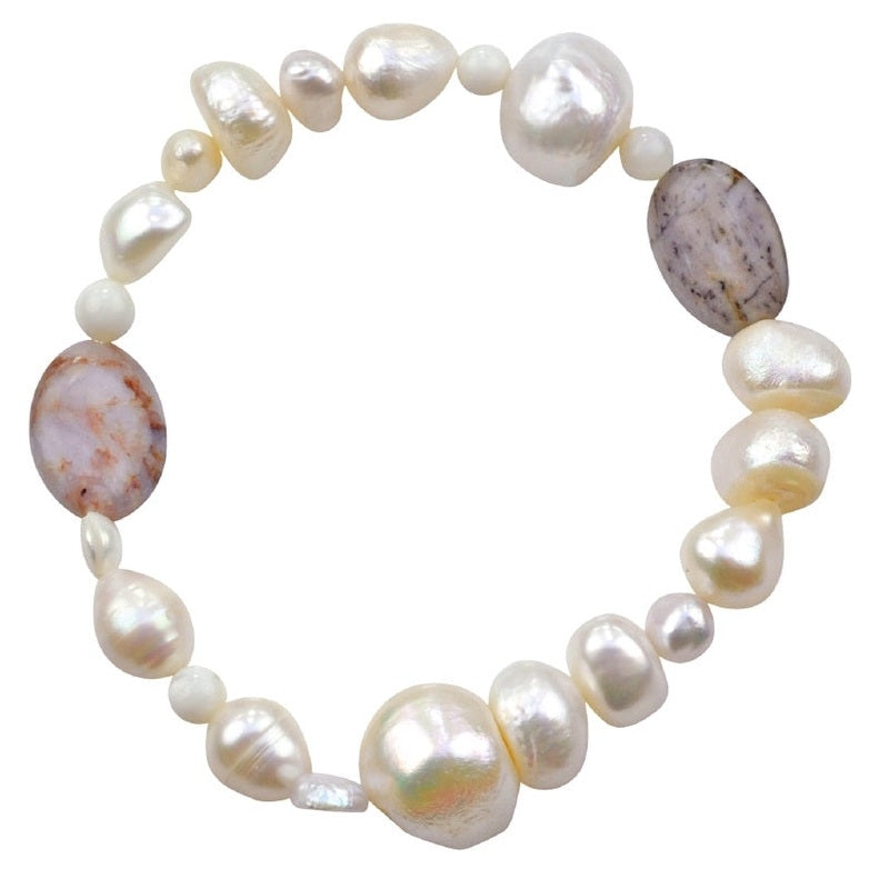Wit zoetwater parel armband met grote witte parels en grijze edelstenen | Polka White