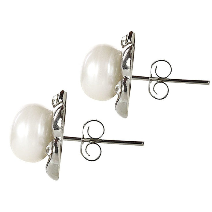 Witte zoetwater parel oorknoppen met stras steentjes zijaanzicht | Arleen
