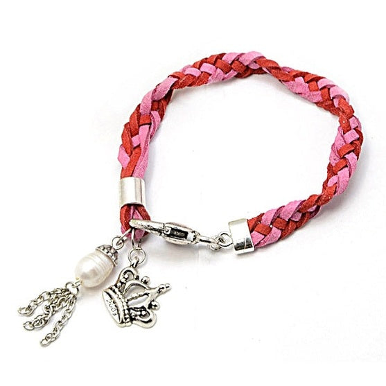 Wit zoetwater parel armband met rood en roze suede | Pearl Charm Suede