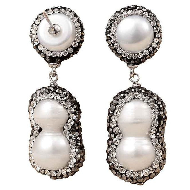 Zoetwater parel oorbellen met witte parels, stras steentjes en sterling zilver (925), achterzijde | Double Bling Peanut Pearl