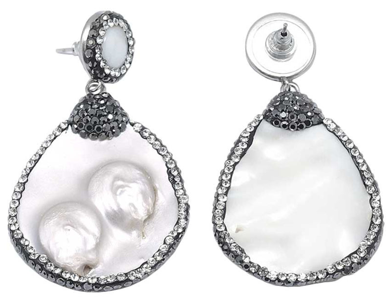 Grote witte zoetwater parel oorbellen met parelmoer en stras steentjes achterzijde| Bright Shell Pearl Big Teardrop