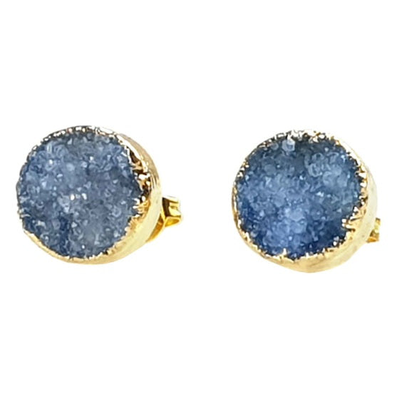 Blauwe druzy agaat oorbellen met goud, edelstenen oorstekers, vooraanzicht | Druzy Gold Royal Blue