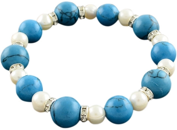 Wit zoetwater parel armband met edelsteen turkoois en stras steentjes, elastisch | Bling Pearl W Turquoise