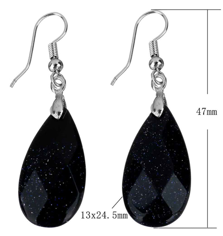 Blauw zwarte edelstenen oorbellen met goudvuur en sterling zilveren oorbelhaakjes, facet geslepen, in druppelvorm, met maataanduiding | Facet Blue Goldstone