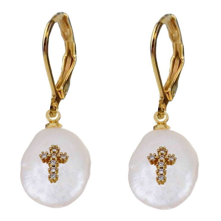 Witte zoetwater parel oorbellen met goud edelstaal en hanger met kruis van stras steentjes | set Coin Pearl Golden Cross
