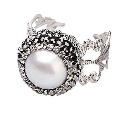 Zoetwater parel ring met stras steentjes, verstelbaar | Bright Pearl Small