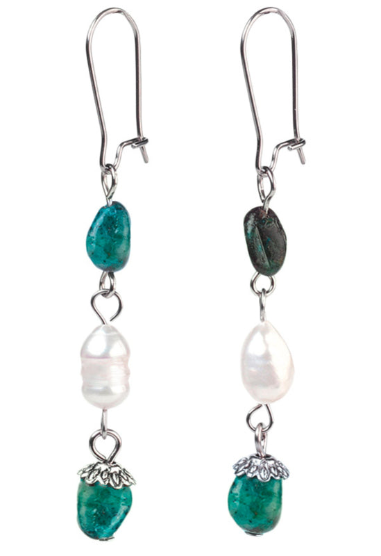 Zoetwater parel oorbellen met edelsteen Chrysocolla en edelstaal | Lalita Chrysocolla