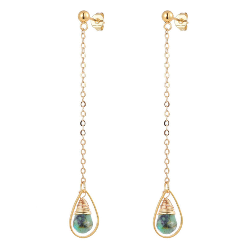 Lange edelstenen oorbellen met Afrikaans turkoois en goud edelstaal | Dangling Long African Turquoise