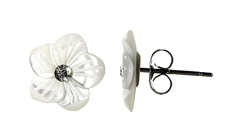 Witte parelmoeren oorknopjes met bloem en stras steentje | Big Flower Bling