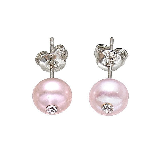Zoetwater parel oorknopje met roze parel met stras steentje | Cadeau set zoetwater parel oorbellen Mea Bling Small