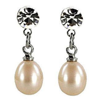 Zoetwater parel oorknopje met zalm kleurige parel en stras steentje vooraanzicht | Cadeau set Big Crystal Pearl B-Pe