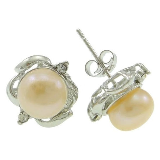 Zoetwater parel oorknoppen met zalm kleurige parels met stras steentjes, schuin | Zarleen