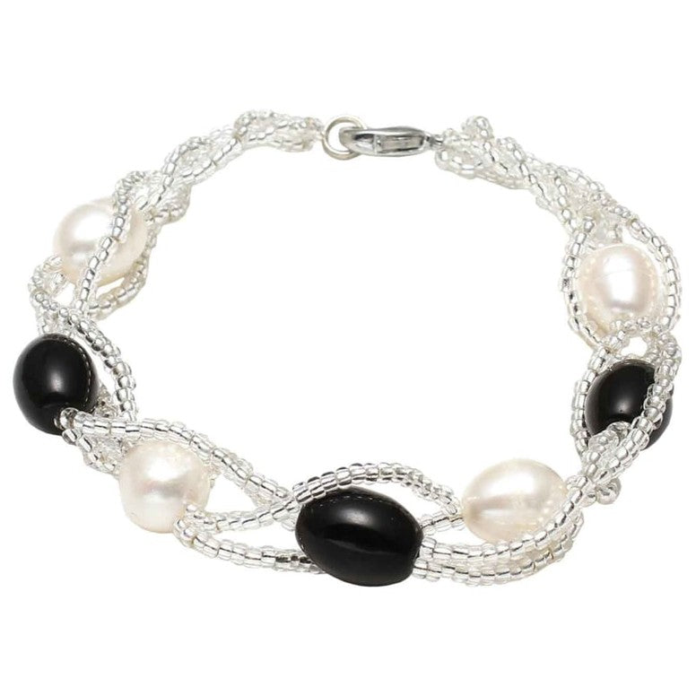 Zoetwater parel met witte parels en zwarte glaskralen | Twine Pearl Black Glass