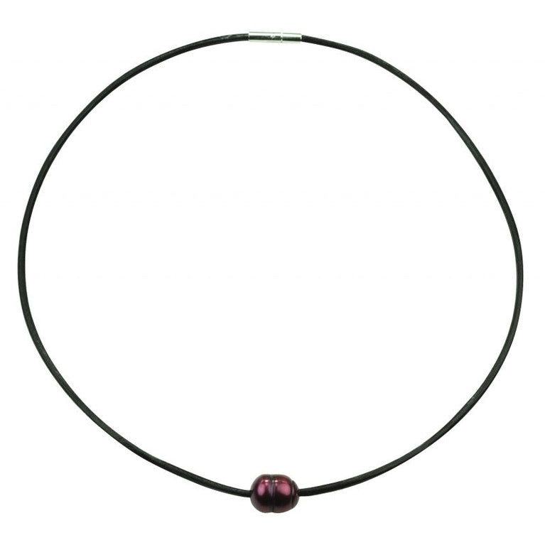 Zoetwater parelketting met rode parel en zwart leer | Black Leather Pearl Red