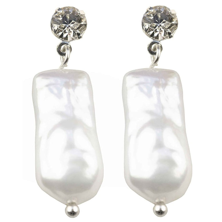 Witte zoetwater parel oorbellen met rechthoekige witte parel en stras steentje | Bling Pearl Rectangle White