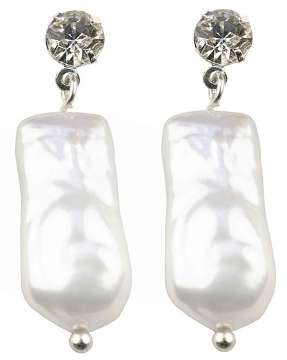 Witte zoetwater parel oorbellen met rechthoekige witte parel en stras steentje | Bling Pearl Rectangle White