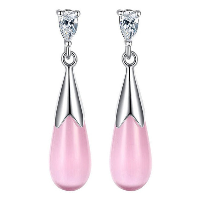 Roze edelstenen oorbellen met kattenoog en stras steentje, roze edelstenen oorknopjes | Cat&