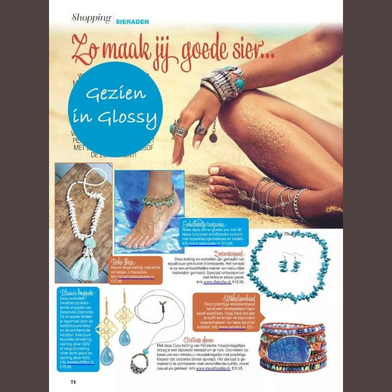 Zoetwater parel set bestaande uit parelketting en parel oorbellen met aqua blauwe parels en sterling zilver (925) gezien in tijdschrift Glossy | set Pearl Blister Aqua Blue (KO)