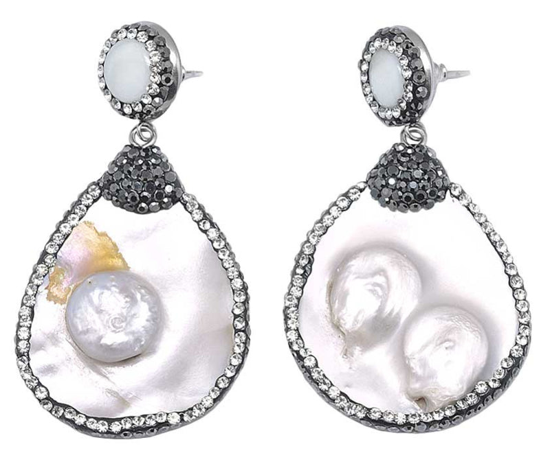 Grote witte zoetwater parel oorbellen met parelmoer en stras steentjes | Bright Shell Pearl Big Teardrop