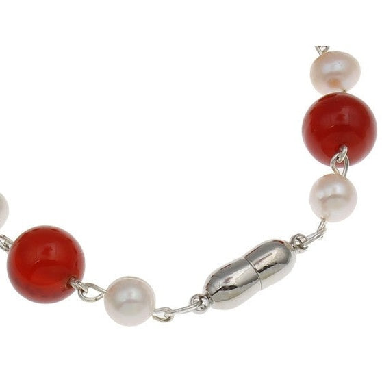 Slotje van zoetwater parel armband met witte parels, rode agaat en magneetslotje | Pearl Red Agate Ball