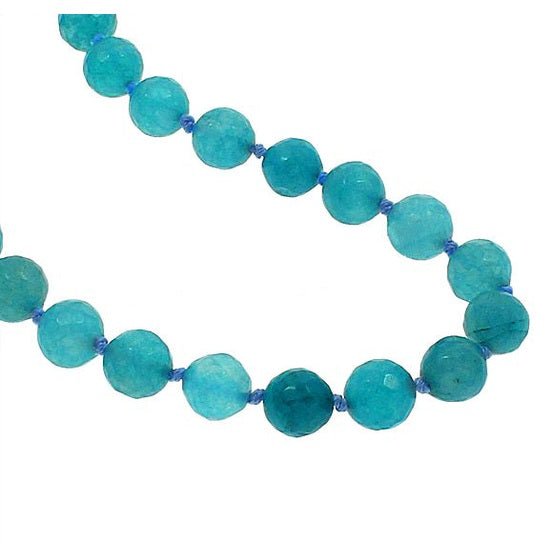 Detail van aqua blauwe handgeknoopte edelstenen ketting met aagt en sterling zilver (925) | Facet Blue Agate Ball