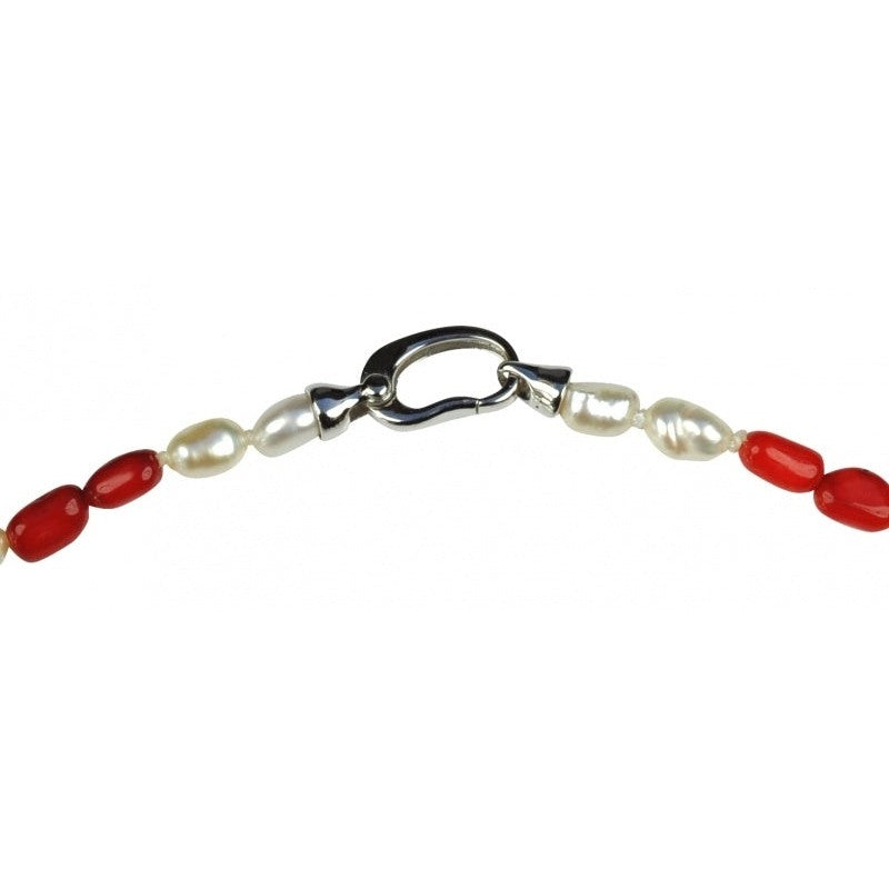 Slotje van zoetwater parelketting met witte parels, rood koraal en sterling zilver (925) | Coral Stick