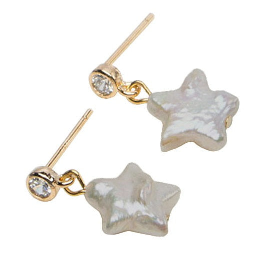 Zoetwater parel oorbellen met ster parel en stras steentje, zijaanzicht | Bling Pearl Star Gold
