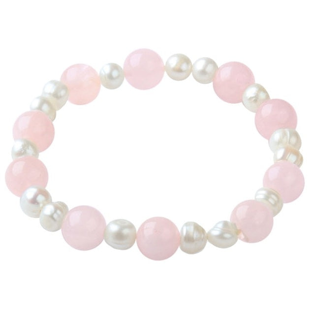 Zoetwater parel armband met witte parels en rozenkwarts, elastisch | Pearl Rosé Quartz