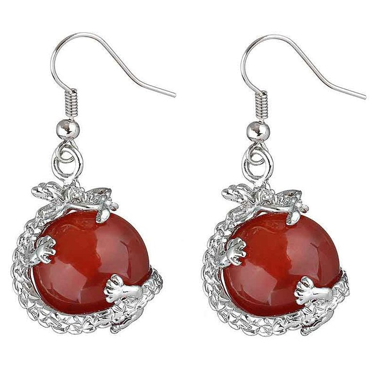 Edelstenen oorbellen met rood koraal, zilveren draak en sterling zilver (925) | Red Agate Dragon